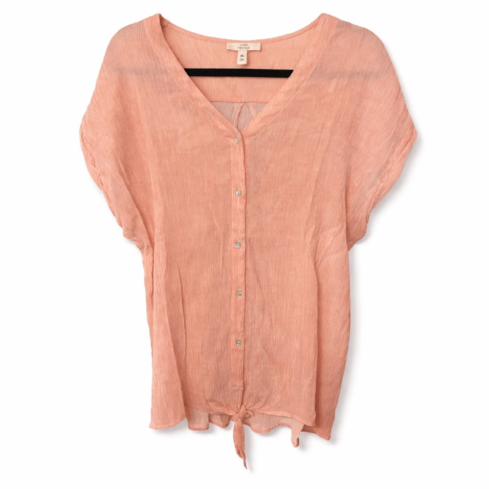 Vintage Como Coral Crepe Coastal Button-Front Blouse XL